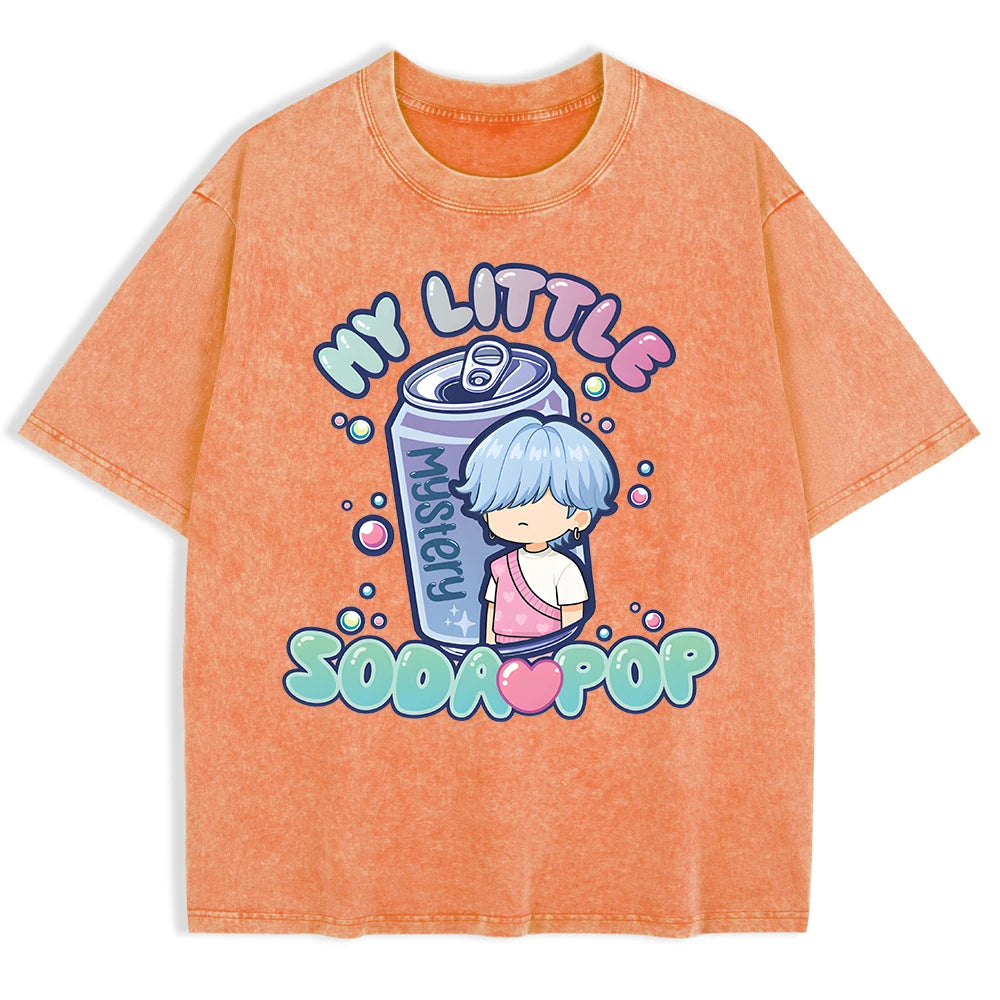 K-Pop My Little Soda Pop Prints Washed T-Shirt Mens Cotton Oversize Tops Casual Comfortable T Shirts Summer O-Neck Men'S Clothes