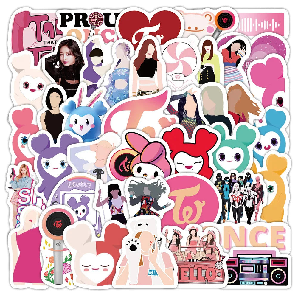 10/60PCS KPOP Korean Girls Group Twice Stickers Cartoon Cute Funny Girls Doodle Waterproof Decal Stickers Kids Toy for Guitar