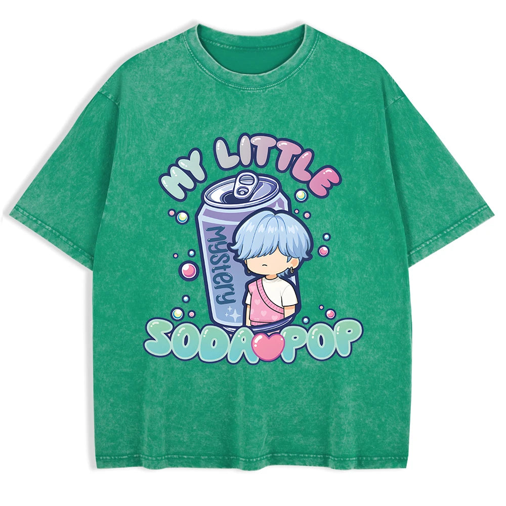 K-Pop My Little Soda Pop Prints Washed T-Shirt Mens Cotton Oversize Tops Casual Comfortable T Shirts Summer O-Neck Men'S Clothes