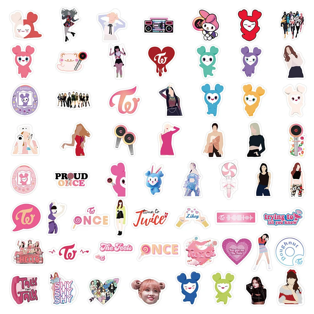 10/60PCS KPOP Korean Girls Group Twice Stickers Cartoon Cute Funny Girls Doodle Waterproof Decal Stickers Kids Toy for Guitar