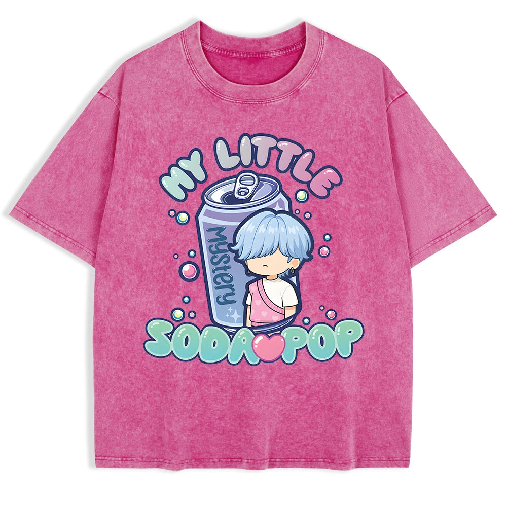 K-Pop My Little Soda Pop Prints Washed T-Shirt Mens Cotton Oversize Tops Casual Comfortable T Shirts Summer O-Neck Men'S Clothes