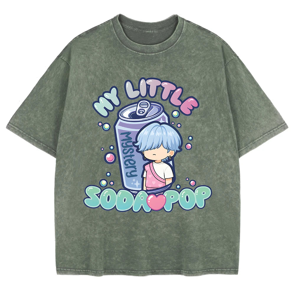 K-Pop My Little Soda Pop Prints Washed T-Shirt Mens Cotton Oversize Tops Casual Comfortable T Shirts Summer O-Neck Men'S Clothes