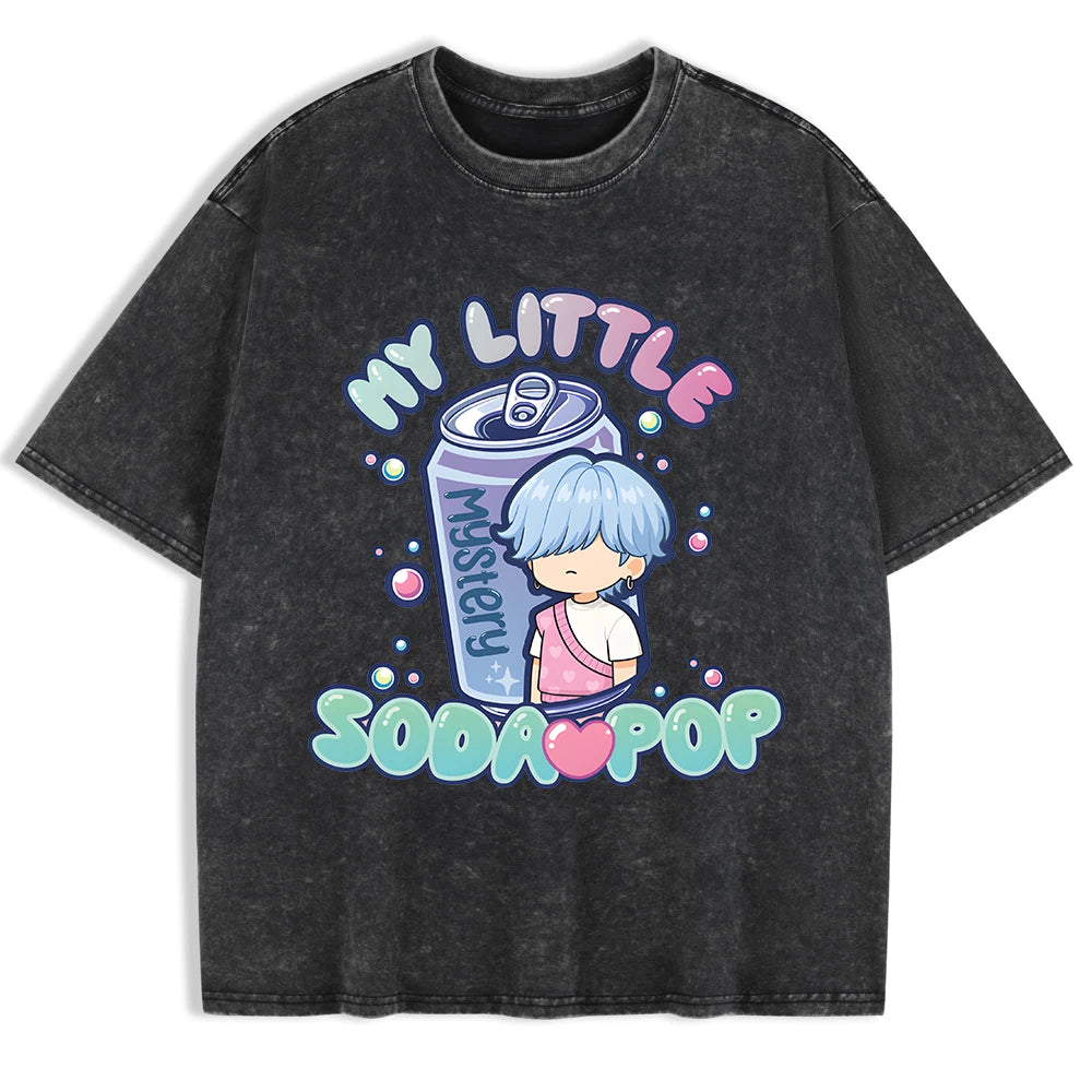 K-Pop My Little Soda Pop Prints Washed T-Shirt Mens Cotton Oversize Tops Casual Comfortable T Shirts Summer O-Neck Men'S Clothes