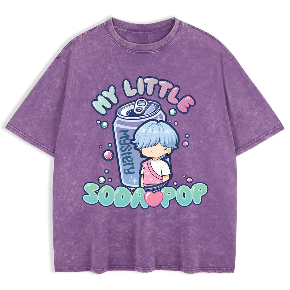 K-Pop My Little Soda Pop Prints Washed T-Shirt Mens Cotton Oversize Tops Casual Comfortable T Shirts Summer O-Neck Men'S Clothes