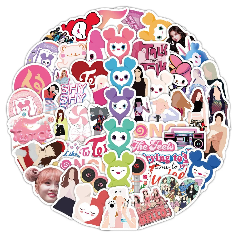 10/60PCS KPOP Korean Girls Group Twice Stickers Cartoon Cute Funny Girls Doodle Waterproof Decal Stickers Kids Toy for Guitar