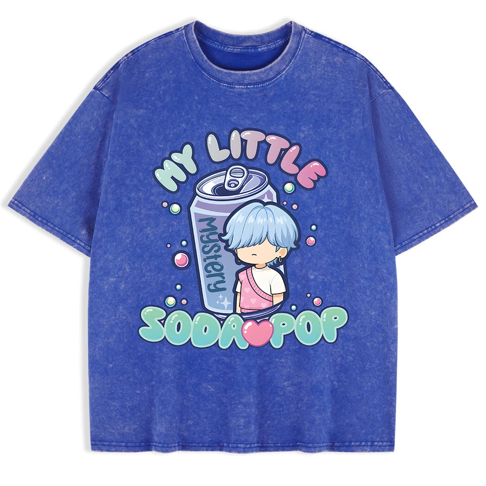 K-Pop My Little Soda Pop Prints Washed T-Shirt Mens Cotton Oversize Tops Casual Comfortable T Shirts Summer O-Neck Men'S Clothes