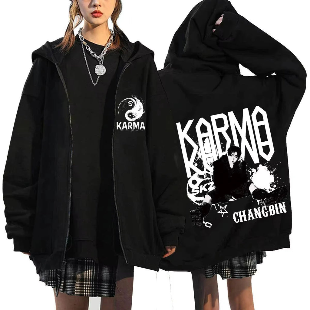 KPOP The 4th Album KARMA FELIX HAN BANGCHAN CHANGBIN HYUNJIN SEUNGMIN LEE KNOW Zip Up Women/Men Hoodie Sweatshirt Couple Clothes